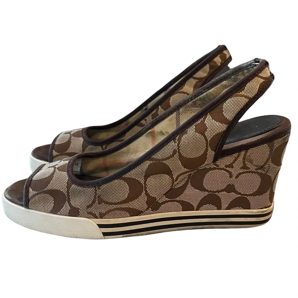 Women’s Genuine Coach Sydney Monogram Peep Toe Wedges 8.5 Brown Tan - Picture 4 of 15